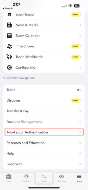 Image of the IBKR mobile two-factor authentication menu on the iPhone